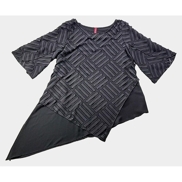 IC Connie K Black Asymmetrical Textured Chiffon Stripe Blouse Flutter Sleeve - S - Picture 1 of 10